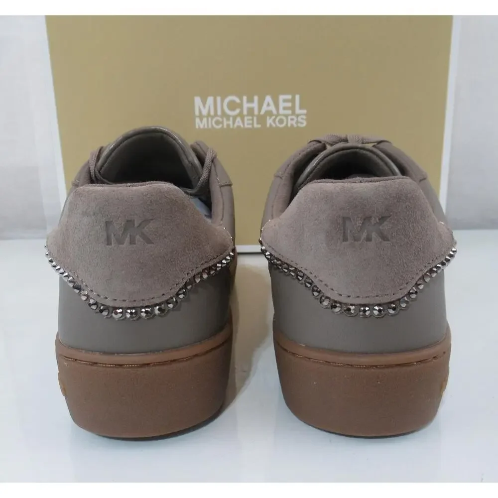 Michael Kors Scotty Lace Up Sneakers Rhinestone MK Leather Birch Brown